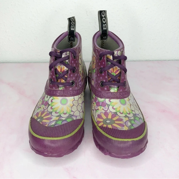Bogs boots ankle rainboots Charlot purple floral waterproof size 2 little girl - Picture 3 of 14